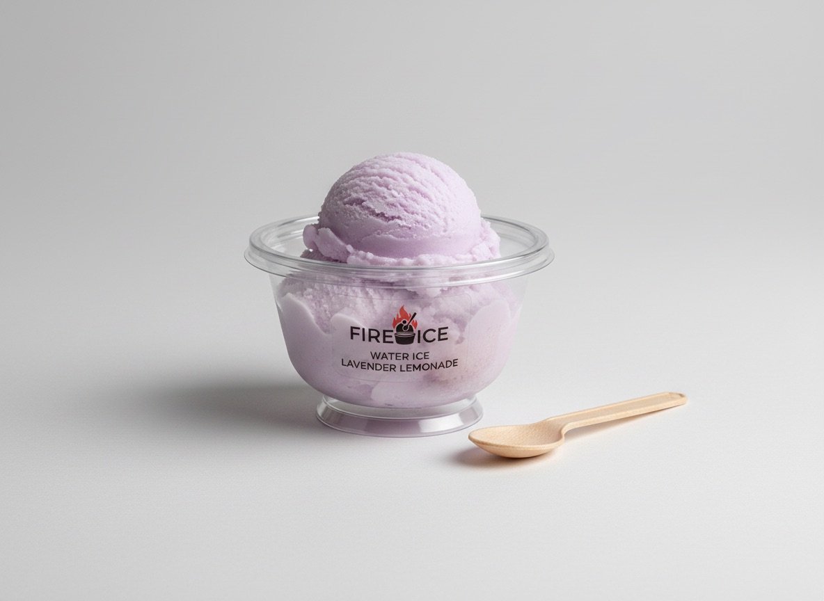 Clear container of lavender ice cream with scoop on top and wooden spoon beside it on white background